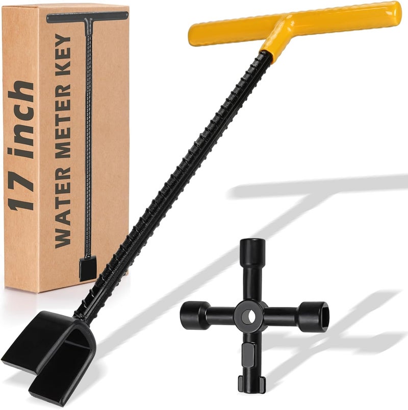 Winisok 17 Inch Water Meter Key With 4 Way Multi-Functional Utilities Key, Enforced Rebar Water Shut Off Tool Wrench T-handle for Curb Main and Water Meters, Underground Stop or Waste Valves - Image 1